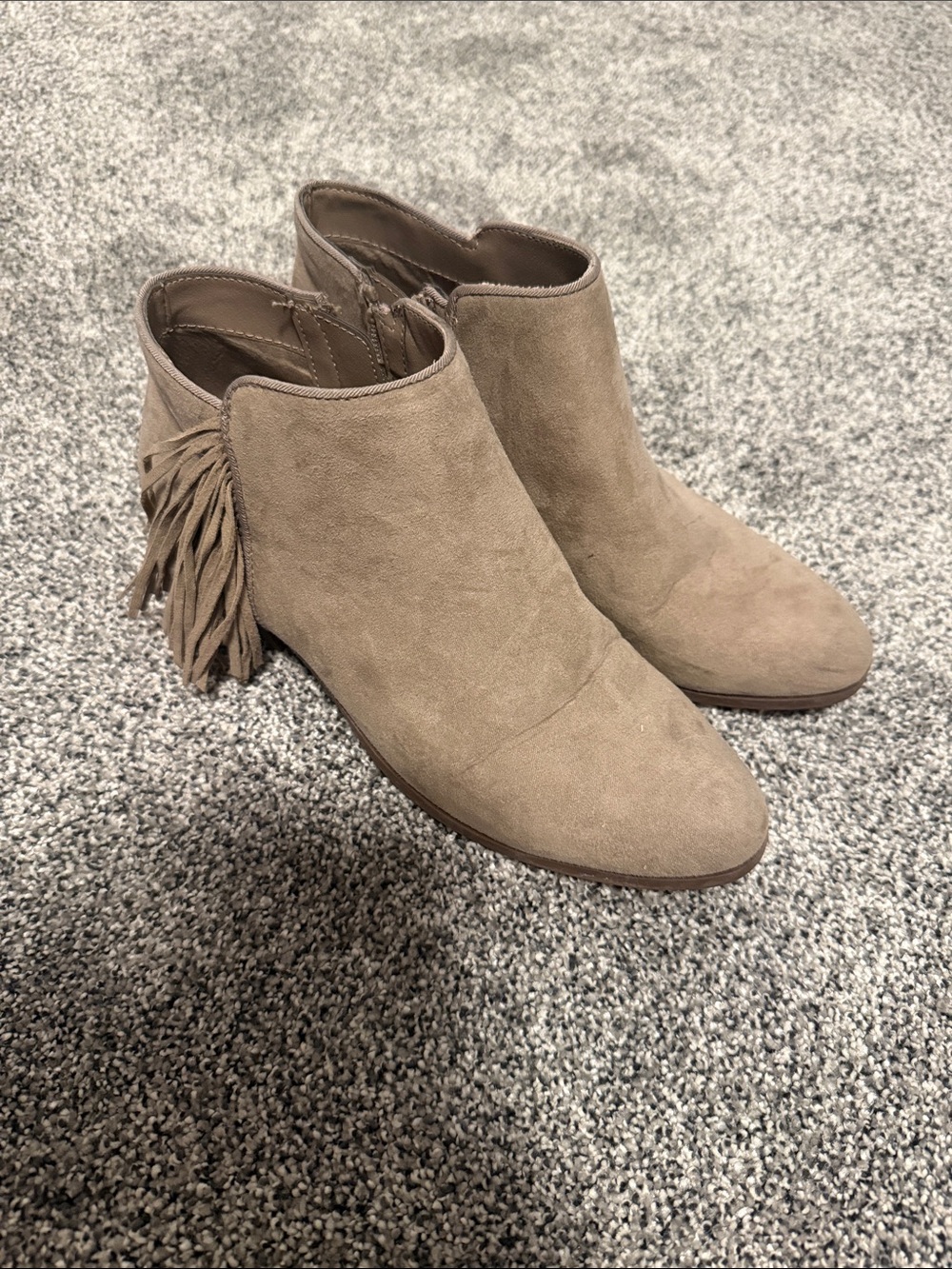 Circus Taupe Suede Fringe Ankle Booties - Women
